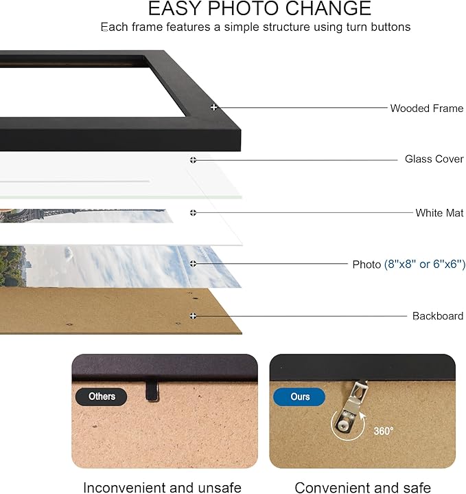 8x8 Picture Frames Set of 4, Made of Real Glass and Black Wooden Frame - Display Picture 6x6 with Mat or 8 x 8 Without Mat, 8 by 8 Photo for Wall or Tabletop