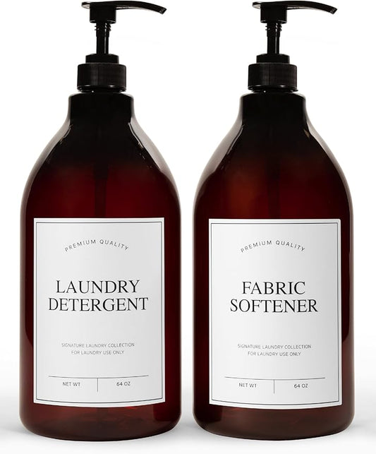 Calindiana Modern Farmhouse Liquid Laundry Detergent and Fabric Softener Dispenser for Laundry Room Decor and Organization, PET Plastic Landry Soap Containers with Water Resistant Labels, Amber 64oz