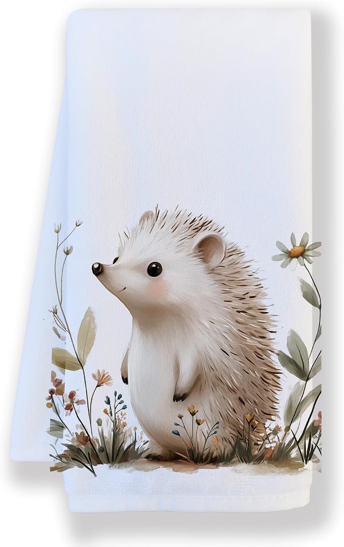 Hedgehog Gifts Kitchen Towels–Upgraded Fabric, Hedgehog Gifts for Women Dish Tea Towels for Kitchen, Cute Wild Animal Floral Botanical Decorative Hand Towel for Kids Bathroom Decor, 16x24 Inch