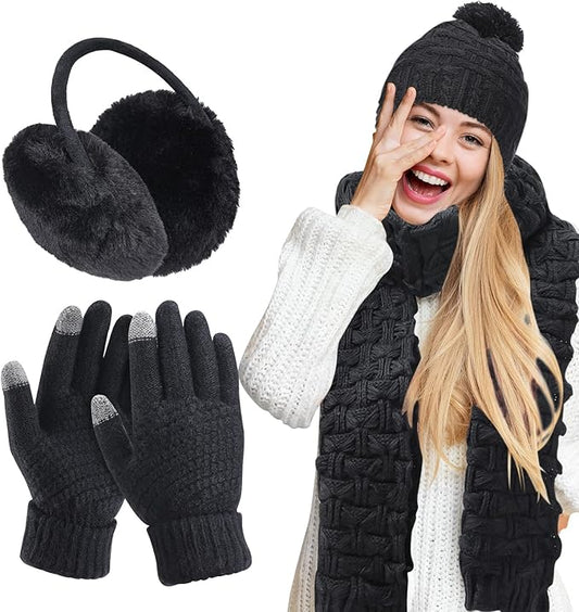 JenPen 4 Pcs Winter Hat Scarf and Gloves Set for Women Include Ear Cover Cold Weather Scarf Hat Knit Beanie Gloves