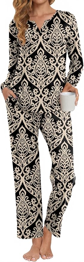 Anyally Women's Plus Size Pajama Sets Ladies Fall Pjs 2 Pieces Lounge Outfits V Neck Long Sleeves Sleepwear with Pockets
