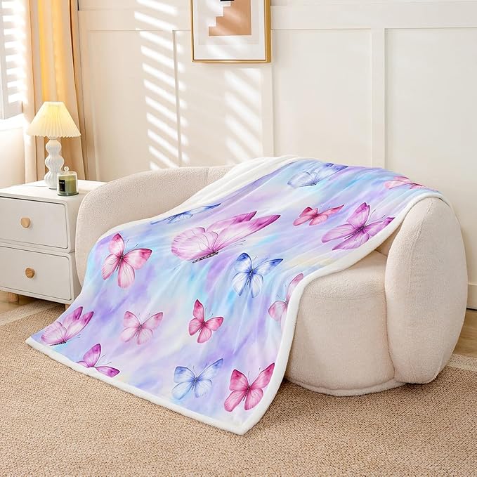 Feelyou Girls Butterfly Fleece Throw Blanket Throw 50"x60" Kids Tie Dye Watercolor Sherpa Blanket Plush Fuzzy for Bed Couch Chair Living Room, Dreamy Girly Bed Blanket Purple Blue Room Decor