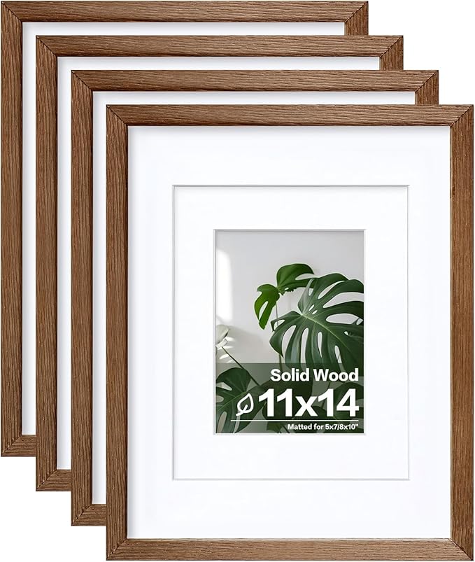 Egofine 11x14 Picture Frames Set of 4, Made of Solid Wood Covered by Plexiglass 5x7 and 8x10 with Mat or 11x14 without Mat, for Table Top Display and Wall Mounting Photo Frame,Walnut Brown
