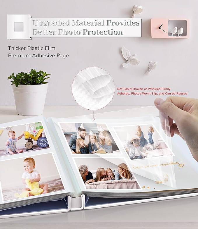 Photo Album Self Adhesive Scrapbook Album for 3x5 4x6 5x7 8x10 Pictures,40 Pages Linen Cover with Display Window DIY Photo Book,Ideal Gifts for Family Travel Wedding Baby