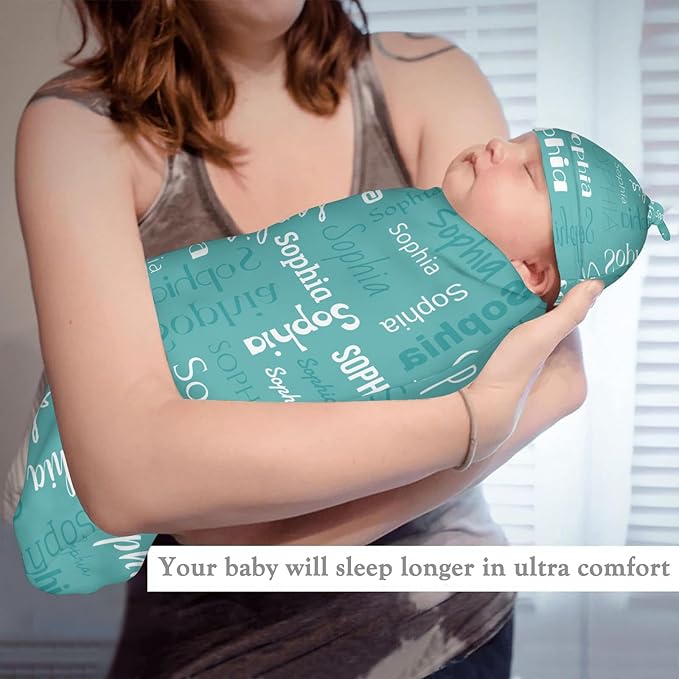 Personalized Baby Swaddle Blanket for Boys Girls Name Lettering Lake Blue Custom Name Receiving Soft Blanket with Cap for Newborn Girls and Boys