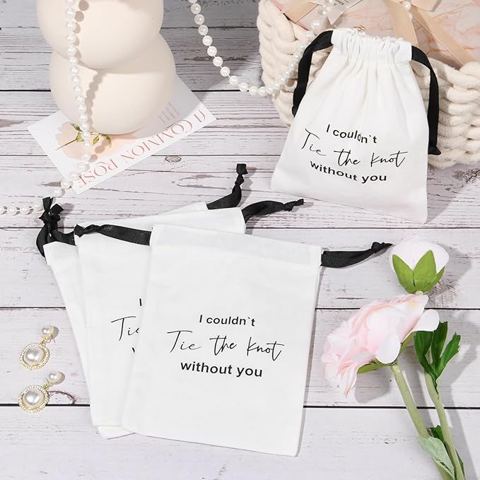 CEELGON 8 Pcs Drawstring Jewelry Pouch Bridesmaid Gift Bags Linen Cotton Fabric Wedding Bridal Party Favor Bags Bachelorette Tie The Knot Earring Packaging Proposal Gift (White)