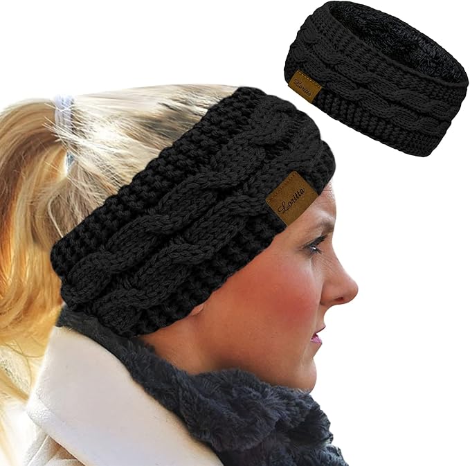 Loritta Womens Ear Warmers Headbands Winter Warm Fuzzy Cable Knit Head Wrap Fleece Lined Gifts