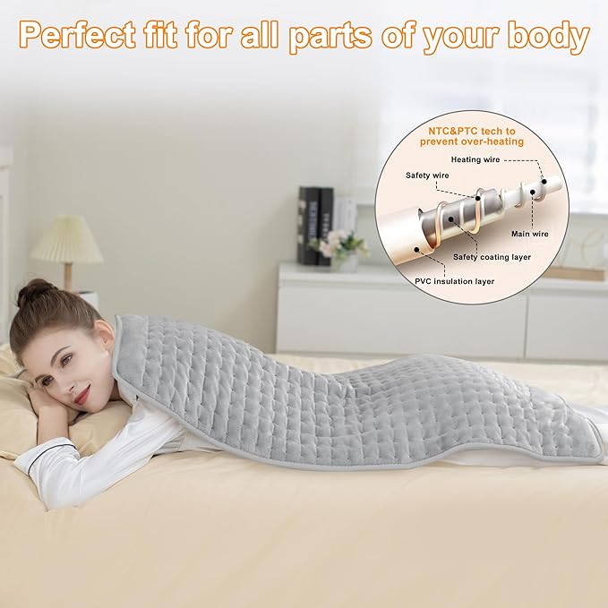 Deepsoon Heating Pad,Electric Heating Pads for Back,Neck,Abdomen,Moist Heating Pad for Shoulder,Knee,Arms,Legs,Dry/Moist Heat & Auto Shut Off,Christmas Gifts for Men and Women,Light Gray,40x20 Inch