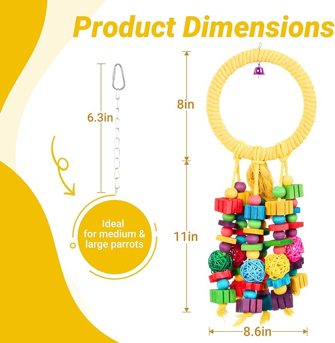 Parrot Chew Toys for Medium & Large Birds (Such as Macaws, African Grey Parrots, and Various Amazon Parrots). The Colorful, Natural Wooden Cage Parrot Toys for Large Birds.