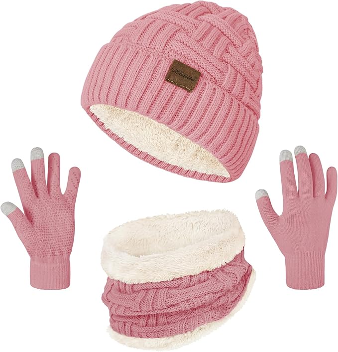 Loritta 3-Pieces Winter Hat Neck Warmer Touchscreen Gloves Set Knit Thick Scarf Beanie Hats Scarves Set Gifts for Women