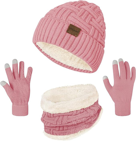 Loritta 3-Pieces Winter Hat Neck Warmer Touchscreen Gloves Set Knit Thick Scarf Beanie Hats Scarves Set Gifts for Women