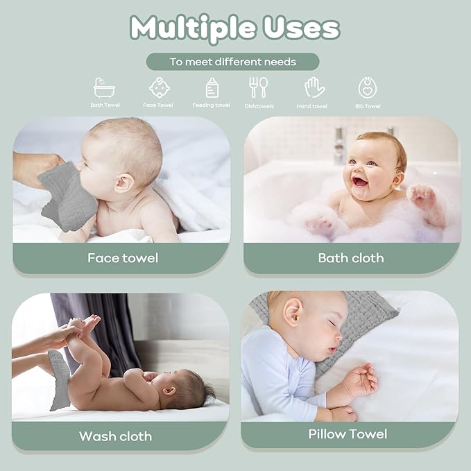Yoofoss Muslin Baby Washcloths 100% Organic Cotton Face Towels 6 Pack Wash Cloths for Baby 12x12in Soft and Absorbent Baby Wipes (Grey)