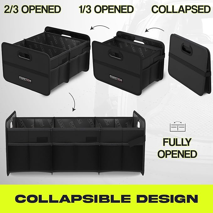 FORTEM Car Trunk Organizer, Collapsible Two Compartment Organizer, Foldable SUV & Truck Storage for Car Accessories for Women Men, Non Slip Bottom, Sturdy Side Walls, Strong Handles, 75L