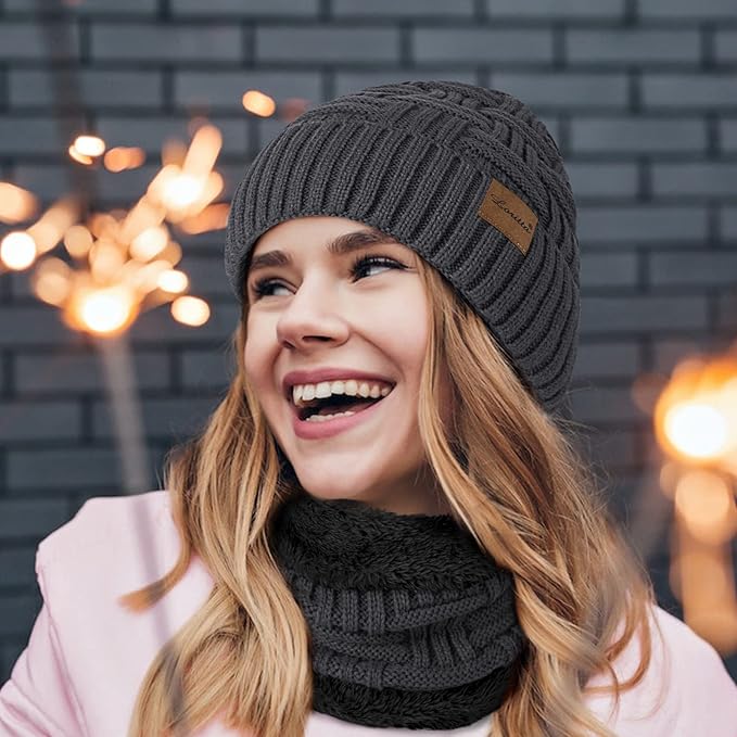 Loritta 3-Pieces Winter Hat Neck Warmer Touchscreen Gloves Set Knit Thick Scarf Beanie Hats Scarves Set Gifts for Women