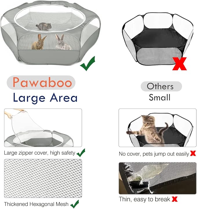 Pawaboo Small Animal Playpen with Zippered Cover,Light Gray | Portable pop-up pet tent for supervised rabbits, guinea pigs, chicks and kittens; water-resistant bottom and 3 metal rods
