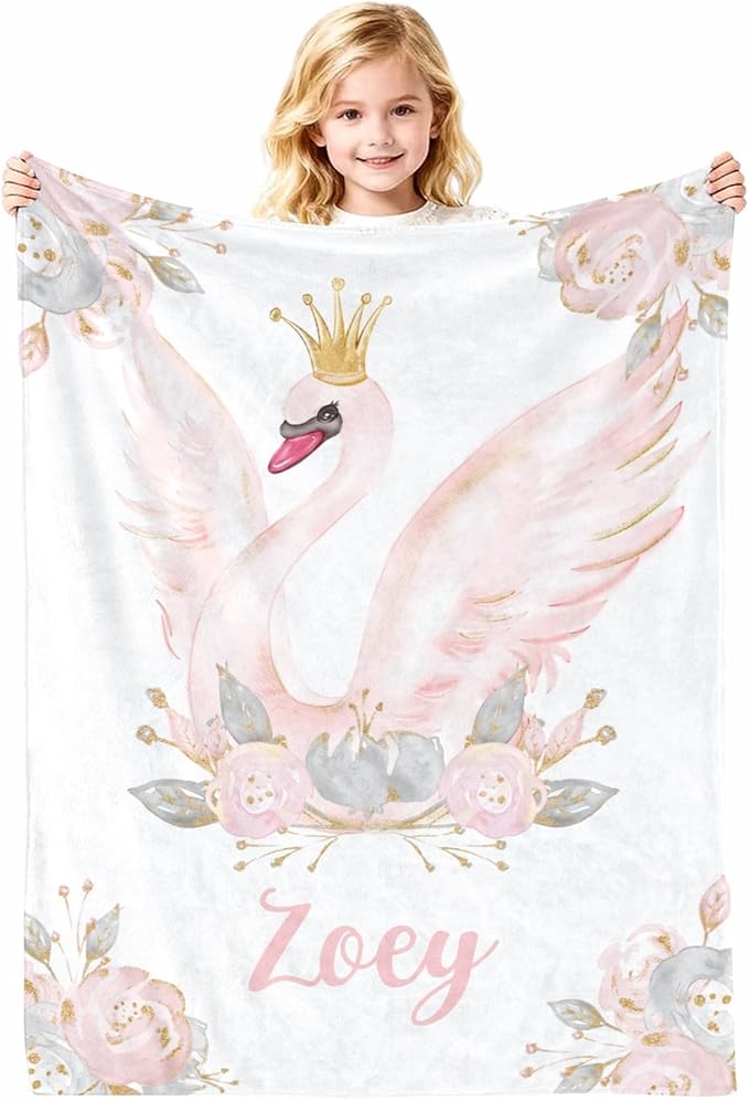 Personalized Baby Blanket with Name, Customized Soft Animals Flannel Blankets for Newborn Boys Girls and Toddlers, for New Mom, Infant Birthday Gift, Swan