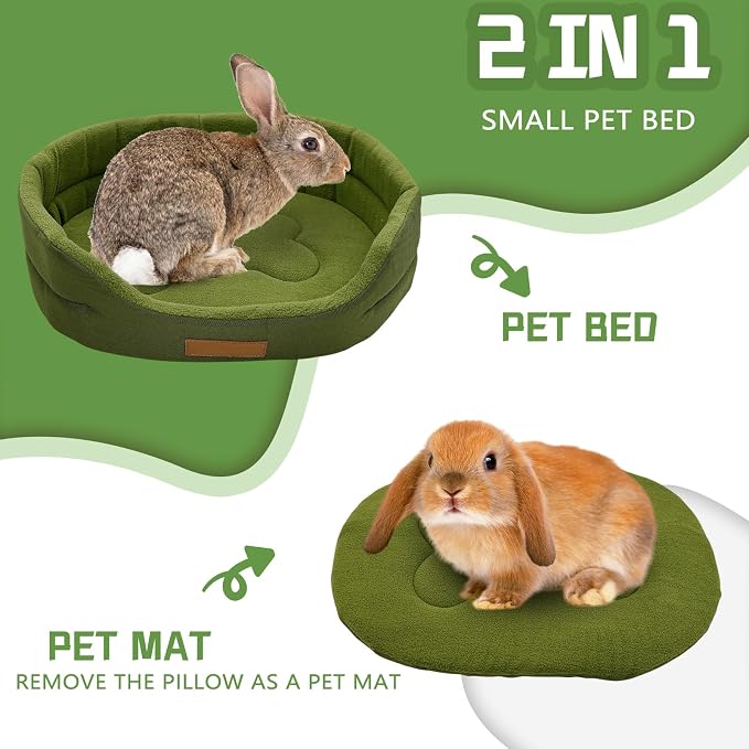 Rabbit Bed,Soft & Washable Bunny Bed with Cozy Removable Mat, Small Animal Cuddle Cup Hideout for Guinea Pig,Chinchilla, Hedgehog, Ferret (Green)