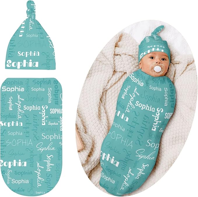 Personalized Baby Swaddle Blanket for Boys Girls Name Lettering Lake Blue Custom Name Receiving Soft Blanket with Cap for Newborn Girls and Boys