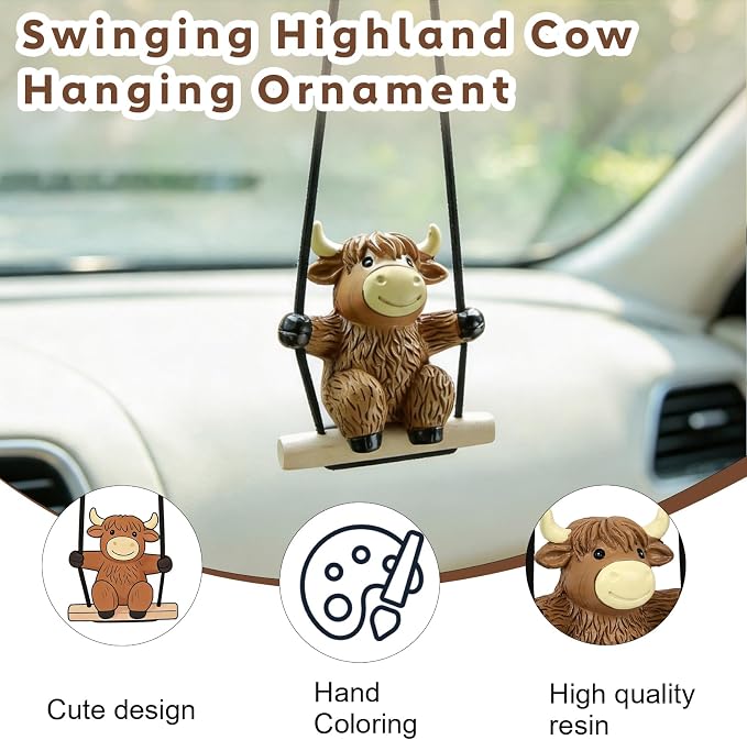 YGMONER Swinging Highland Cow Car Hanging Ornament – Holiday Favorite Farm Animal, Funny Rear View Mirror Hanging Accessories, Ideal Gift for Animal Lovers (Highland Cow)