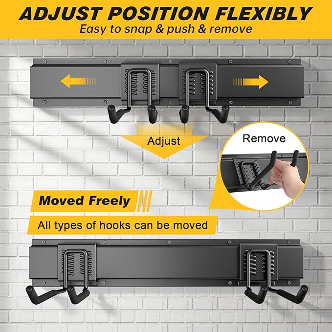32 Inches Garage Storage, Garage Organization, Wall Mount Garden Tool Organizer, Max 300lbs Adjustable Metal Hooks, Yard Shed Hanging Rack, Heavy Duty Shelving for Rake Broom Mop Snowboard