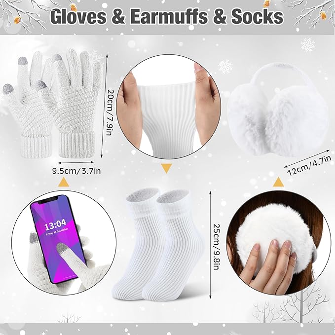 SATINIOR 5 Pcs Winter Hat Scarf Gloves Set Fleece Warm Lined Knit Beanie Hat Touch Screen Earmuff Gloves Warmer for Women(White,Vivid Style)