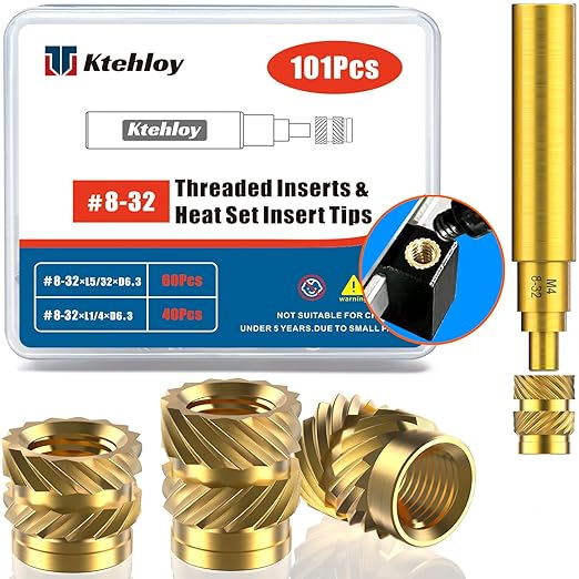 101Pcs #8-32 Threaded Inserts, Female Thread SAE Knurled Nuts Assortment Kit, Brass Heat Set Insert for Plastic and 3D Printing Components(#8-32, L1/4×D6.3 and L5/16×D6.3)