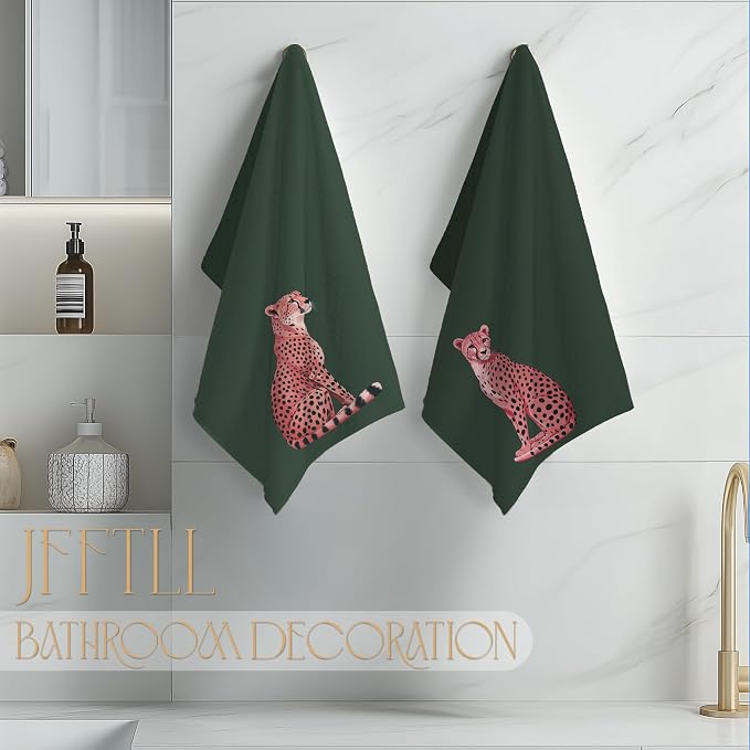 Trendy Preppy Pink Cute Leopard Kitchen Towels, Funky Retro Green Cheetah Print Decorative Dish Tea Towels for Kitchen, Girly Aesthetic Hand Towel for Bathroom Decor, 16x24 Inch Set of 2