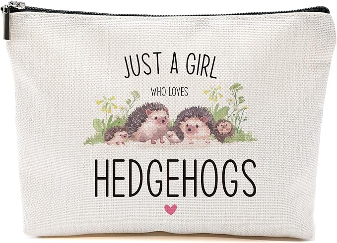 Blue Leaves Funny Hedgehog Makeup Bag Cosmetic Bag | Gifts for Women, Animal Lover, Birthday Christmas Gift for Teens, Daughter, Sister, Bestie, Just A Girl Who Loves Hedgehogs