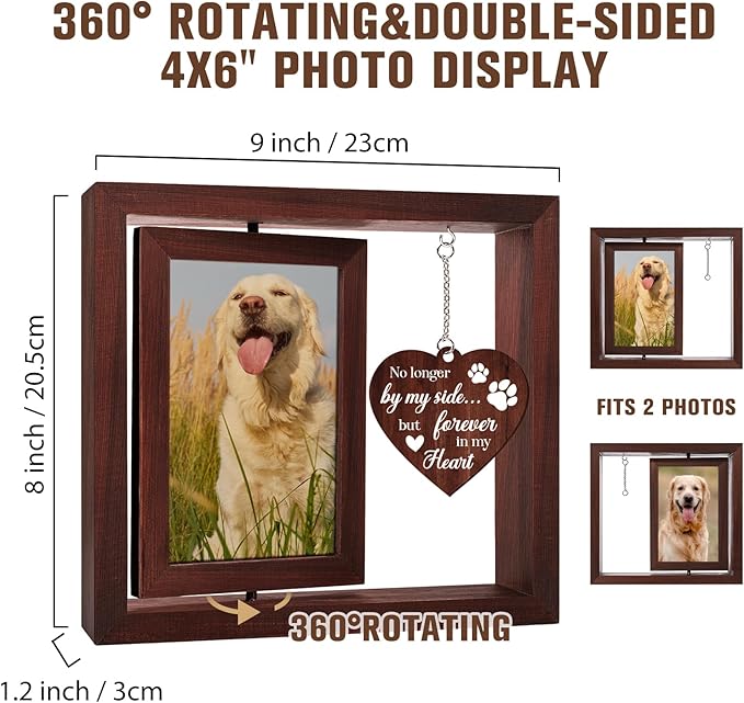 Vetbuosa Dog Memorial Gifts for Loss of Dogs, Memorial Rotating Wooden Picture Frame, Loss of Dog Sympathy Gift, Pet Bereavement Remembrance Picture Frame for 4x6 Photo