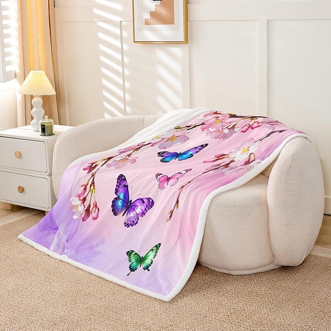 Feelyou Girls Butterfly Fleece Throw Blanket Throw 50"x60" Kids Chic Gorgeous Sherpa Blanket Plush Fuzzy for Bed Couch Chair Living Room, Floral Flower Bed Blanket Room Decor