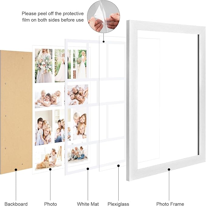 13x21 Picture Frame Display 10 opening 4X6 Picture Frame Collage,Multi Photo Frame with Mat,Plexiglass,Wall Mount Decor,Distressed White Wood Grain
