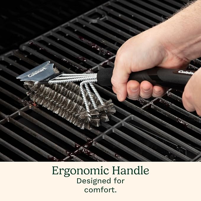 Cuisinart Triple Bristle Brush with Scraper, 17” Triple Row Stainless Steel Grill Brush for All Grates Quick Grill Cleaning, Comfortable Grip Grill Cleaner Perfect for BBQs, Cookouts & Tailgates