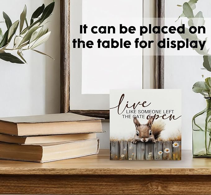 Squirrel Sign - Squirrel Gifts For Women, Live Like Someone Left The Gate Open Wooden Box Signs, Farmhouse Wood Decoration Home Decor For Desk Table Shelf 5x5 Inch