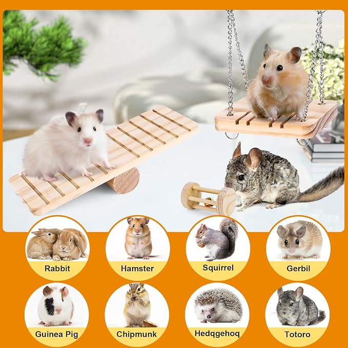 Hamster Toys Set, Guinea Pig Toys Bunny Small Animal Chewing Toy for Cage | Chinchillas, Gerbils, Rats, Rabbit Rodents Teeth Care Toys, Apple Wood Timothy Hay Mouse Toy Swing Seesaw Bridge