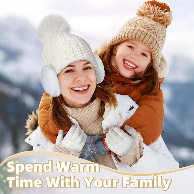 SATINIOR 5 Pcs Winter Satin Lined Hat Scarf Gloves Set Knit Pompom Beanie Warm Touchscreen Glove Earmuff Ear Warmer for Women