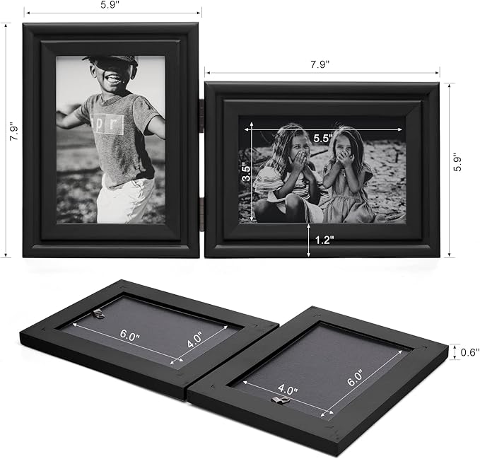 Vertical & Horizontal 4X6 Picture Frames Double Hinged Wood Folding Photo Frames with Real Glass Front Fit for Desktop or Tabletop, Black XHEI-V46-H64