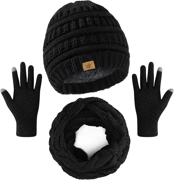 Winter Beanie Hat Scarf Gloves Set, Winter Clothes for Women, Fleece Lined Hats Touchscreen Gloves Thick Neck Warmer