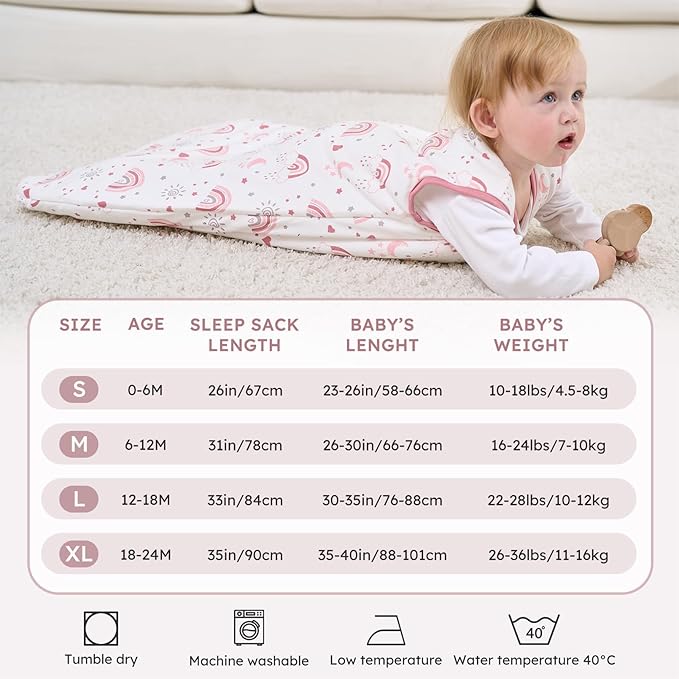 Baby Sleep Sack 0-6 Months, 2.5 TOG Cotton Winter Baby Wearable Blanket with 2-Way Zipper, Warm Soft Sleeping Bag for Newborn Infant Boy Girl, Small Rainbow