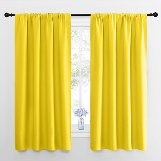 NICETOWN Bright Yellow Blackout Curtains 63 inches Long for Living Room, Darkening Window Curtain Panels, Easy-Care Solid Thermal Insulated Draperies/Drapes for Daughter Room