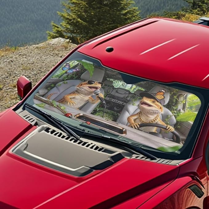 Funny Windshield Sun Shade Foldable Bearded Dragons Car Front Window Sun Shade Universal Fits for Most Cars SUV Block UV Rays Reflective Sun Blocker Car Interior Accessories