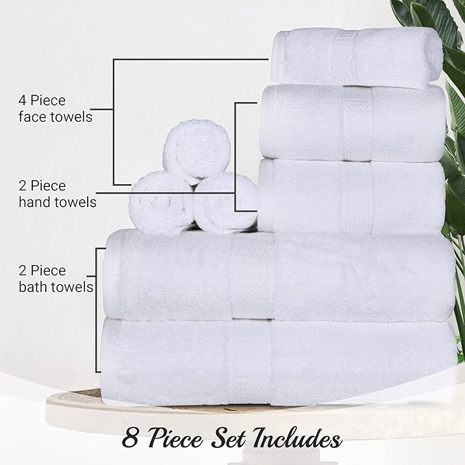 BLUENILEMILLS Madison Egyptian Cotton Towels, Towel Set for Bathroom, Shower, Hotel, Plush, 900 GSM, Highly Absorbent and Ultra-Soft Towels, Bath Essentials, 8 Piece Assorted Towel Set, White