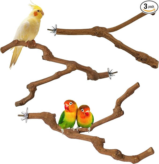 3PCS Bird Perch Natural Grape Stick Chewable Bird Stand Paw Grinding Branches Toy Cage Accessories for Small Budgies Cockatiels Lovebirds