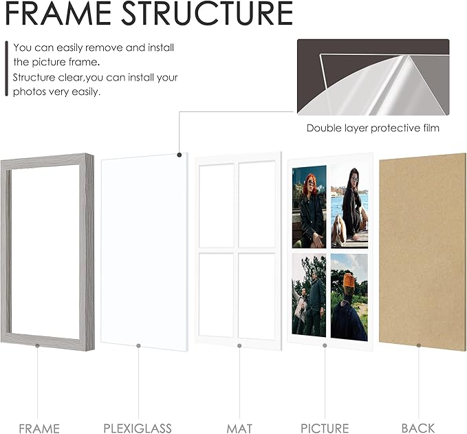 12x16 Picture Frame 5x7 Collage Picture Frame Displays Four 5x7 inch Photos or 12x16 (Without Mat) for Available Horizontal Wall Mounting Display and Vertical Grey