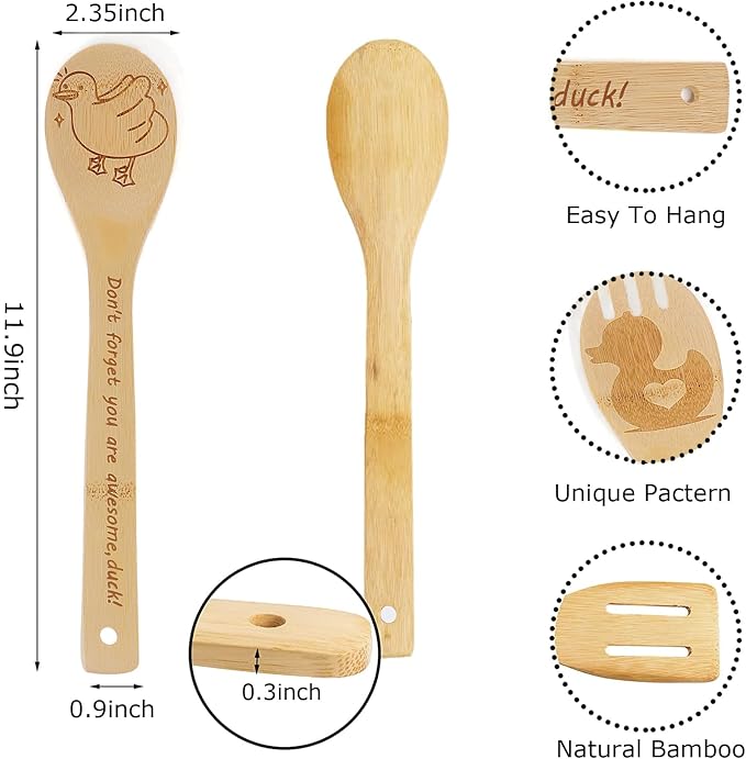 5PCS Duck Wooden Cooking Spoons Set Bamboo Cooking Spoons | Duck Kitchen Decor Housewarming Wedding Anniversary Thanksgiving Christmas for Mom Women Animal Lovers