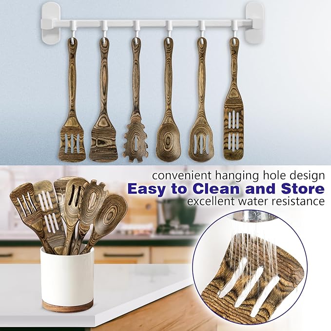 Pakkawood 6-Piece Wooden Cooking Utensil Set-Wood Kitchen Utensil Set, Wooden Spoons for Cooking, Nonstick Safe Non-Toxic Wooden Cooking Tools Long Handle Design by HOWHONG (Granite Color)