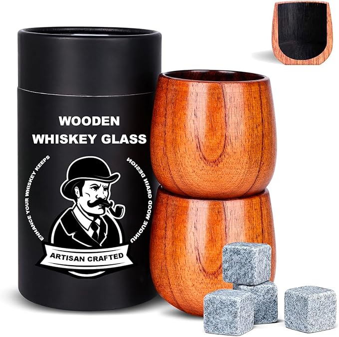 2 Pack Charred Wooden Whiskey Glasses – Bourbon Tumblers for Men with Burnt Interior – Old Fashioned Cocktail Cups – Gifts for Dad, Men, Brother, or Whiskey Lovers