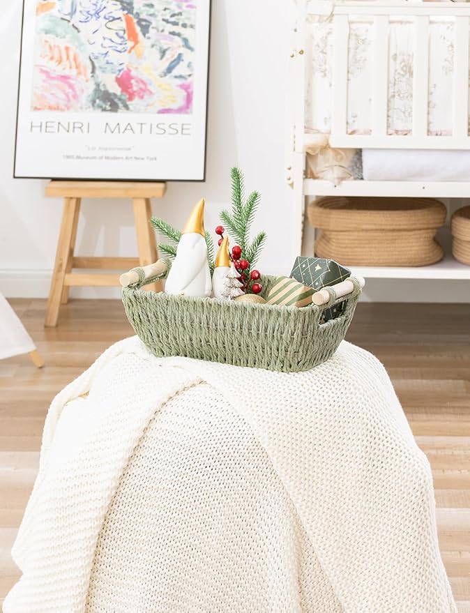 StorageWorks Round Paper Rope Woven Basket with Wooden Handles for Gifts, Small Woven Baskets for Bathroom, Bosana Green, 2-Pack