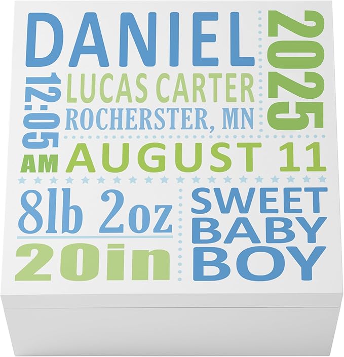 Let's Make Memories Personalized Keepsake Box for New Baby - Memento Storage - Memories Box -Nursery Décor - For Boys - 6" Hx12 Sq - Precious Memories