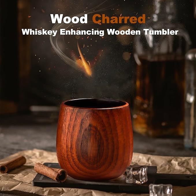 2 Pack Charred Wooden Whiskey Glasses – Bourbon Tumblers for Men with Burnt Interior – Old Fashioned Cocktail Cups – Gifts for Dad, Men, Brother, or Whiskey Lovers