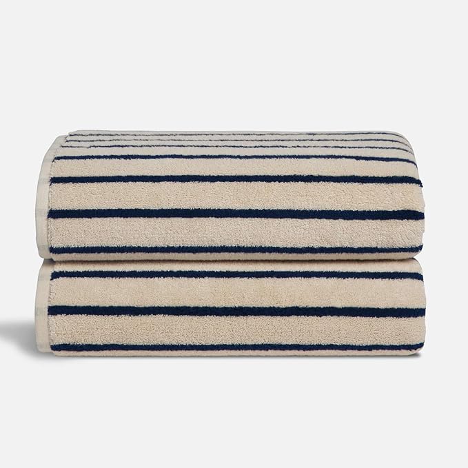 Brooklinen Super-Plush Turkish Cotton Bath Towels Set of 2 Cotton, 820 GSM, Machine Washable, Perfect Bath Towels for Bathroom, Spa & Shower (30" x 58", Striped Navy)